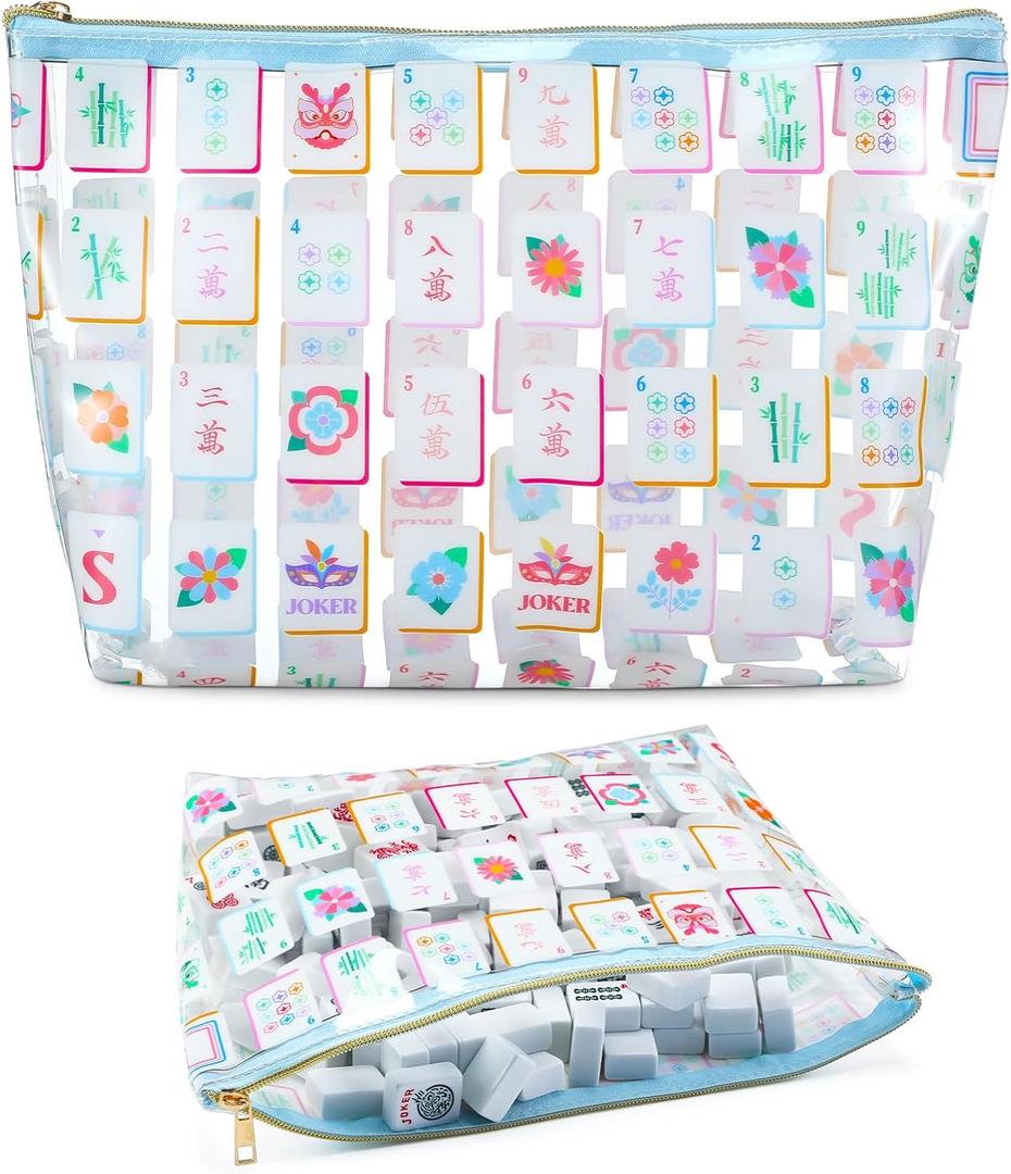 Sanwuta Soft American Mahjong Tiles Bag Thickened Mahjong Makeup Bag Gifts for Women Mah-Jong Lovers Accessories 13 x 7.8 x 3.2 Inches(Clear Tiles)