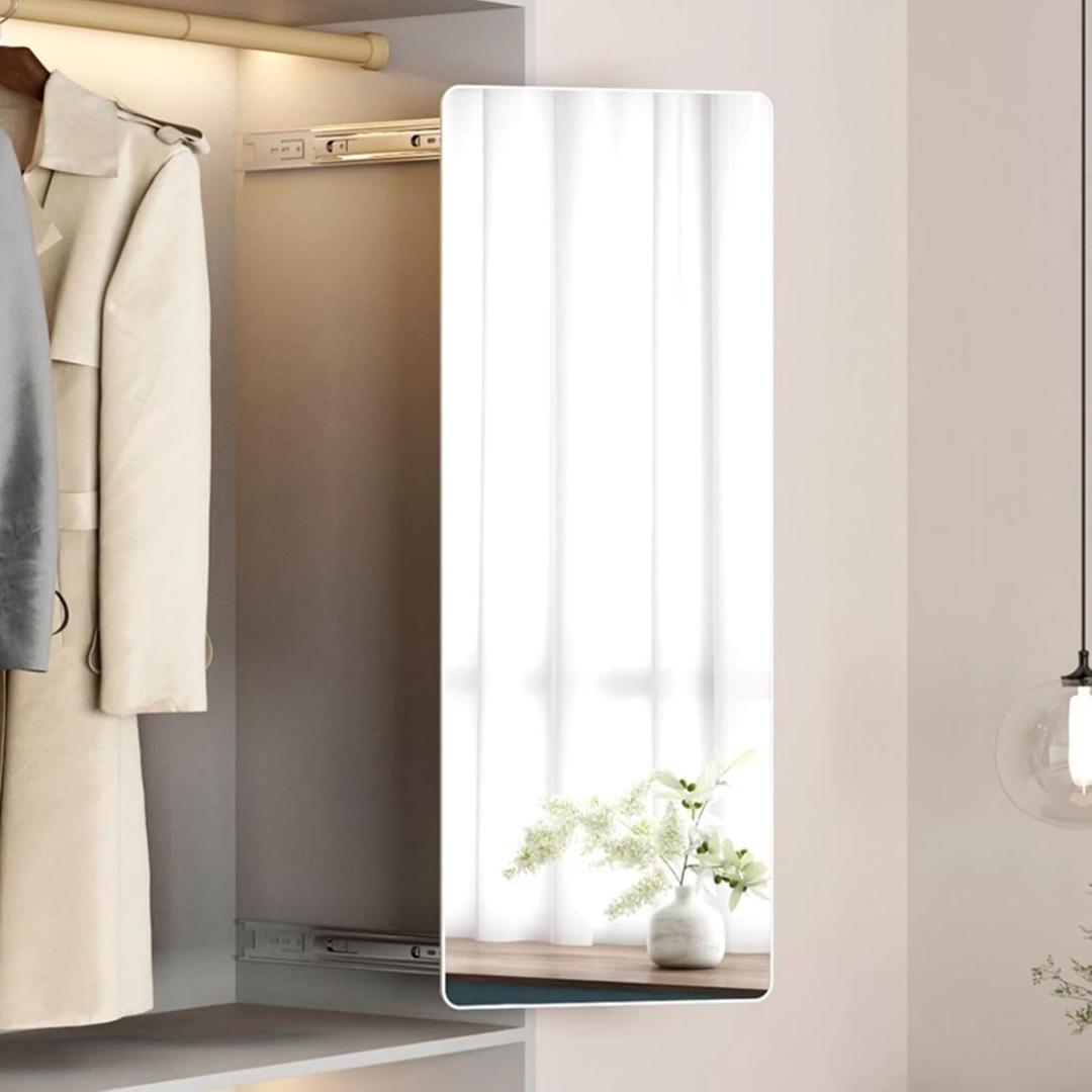 Hideaway Closet Mirror, Retractable Full Length Mirror, 51" x 16" Wall Mounted Mirror, Suitable for Bedroom, Locker Room, Cloakroom - White