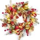 Adeeing Christmas Wreath with Lights, 24 in Outdoor Christmas Wreaths for Front Door, Battery Operated Xmas Wreath with 20 LED Lights, Red Gold Ornaments, Snow Flocked Branch
