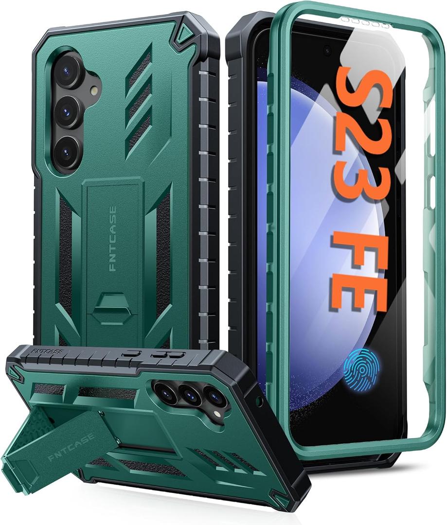 FNTCASE for Samsung Galaxy S23-FE Case: Military Grade Protective Hard Phone Case with Kickstand | Screen Protector | Shockproof TPU Full Protection Drop Proof Phone Cover for Galaxy S23 FE 5G Green