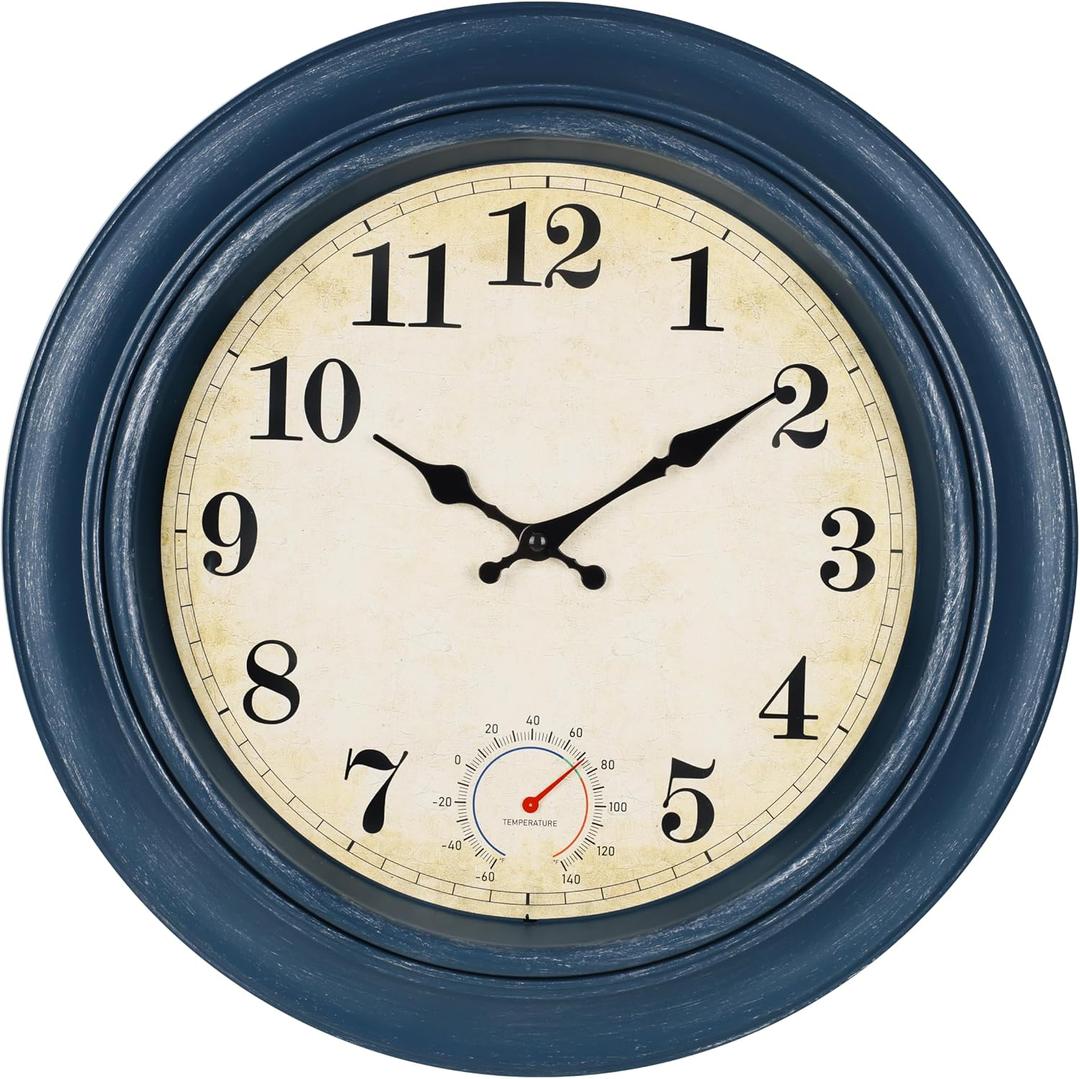 Large Outdoor Clocks Waterproof with Thermometer Combo Rustic Coastal Wall Clock Decor for Patio Pool Bathroom (18 Inch,Blue)