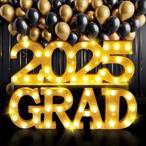 Aurelema Graduation Decorations 2025, LED Marquee Light Up Letters "GRAD 2025" Wooden Grad Party Decoration Lights for Wall Table Decor School College Party Supplies(Gold Glitter)