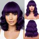 BERON 14 Inches Purple Wig for Women Short Curly Wig Dark Purple Wigs Synthetic Wigs with Bangs Hairnet Include