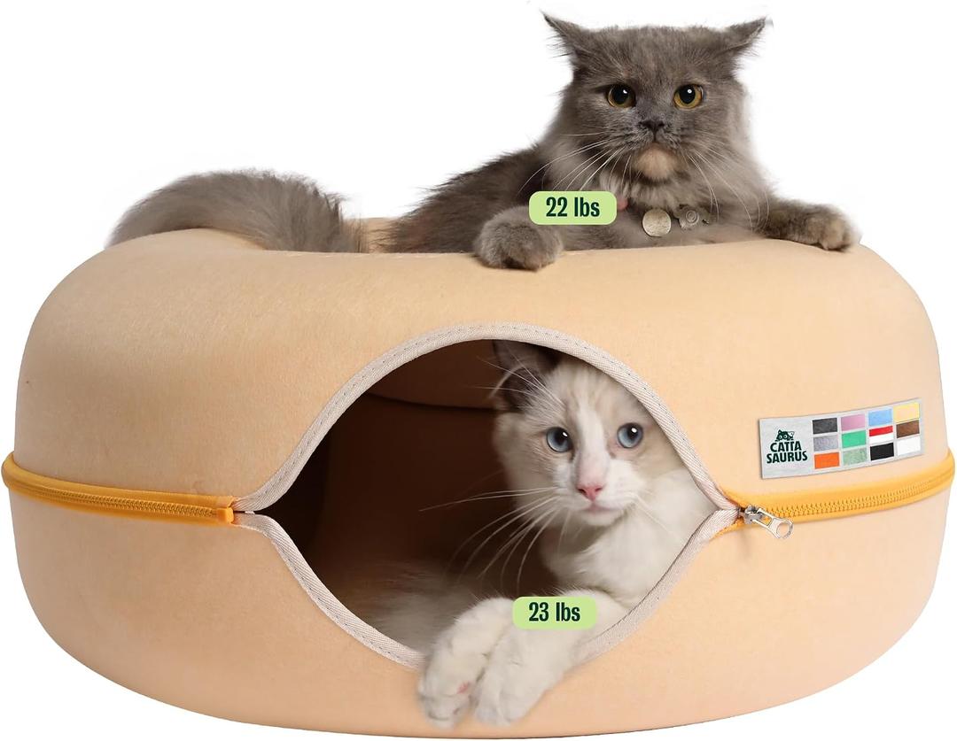 Cattasaurus Peekaboo Cat Cave Donut for Multiple & Large Cats up to 30-45 lbs, 3-in-1 Self Warming Cat Bed, Tunnel & Scratcher for Indoor Cats, Washable & Detachable Dog Bed (Pastel Macaron, Large)
