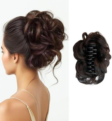 Curly Wavy Messy Bun Hair piece Easy Updo Extensions Claw Clips for Women Girls Dark Brown, Natural Fake Wig Tie Headpiece Chestnut Chocolate