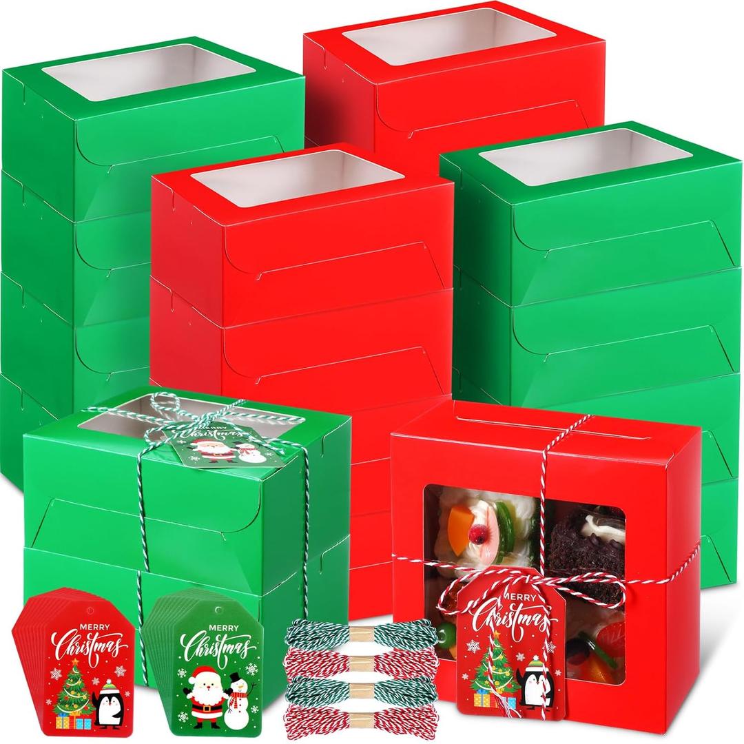 Maxcheck 50 Pcs Christmas Cookie Boxes with Window 6x6x3 Inch Christmas Cookie Tins Bakery Treat Boxes for Gift Giving Small Xmas Gift Box for Mini Cake Pastry Dessert Donut Cupcakes Candy Packaging