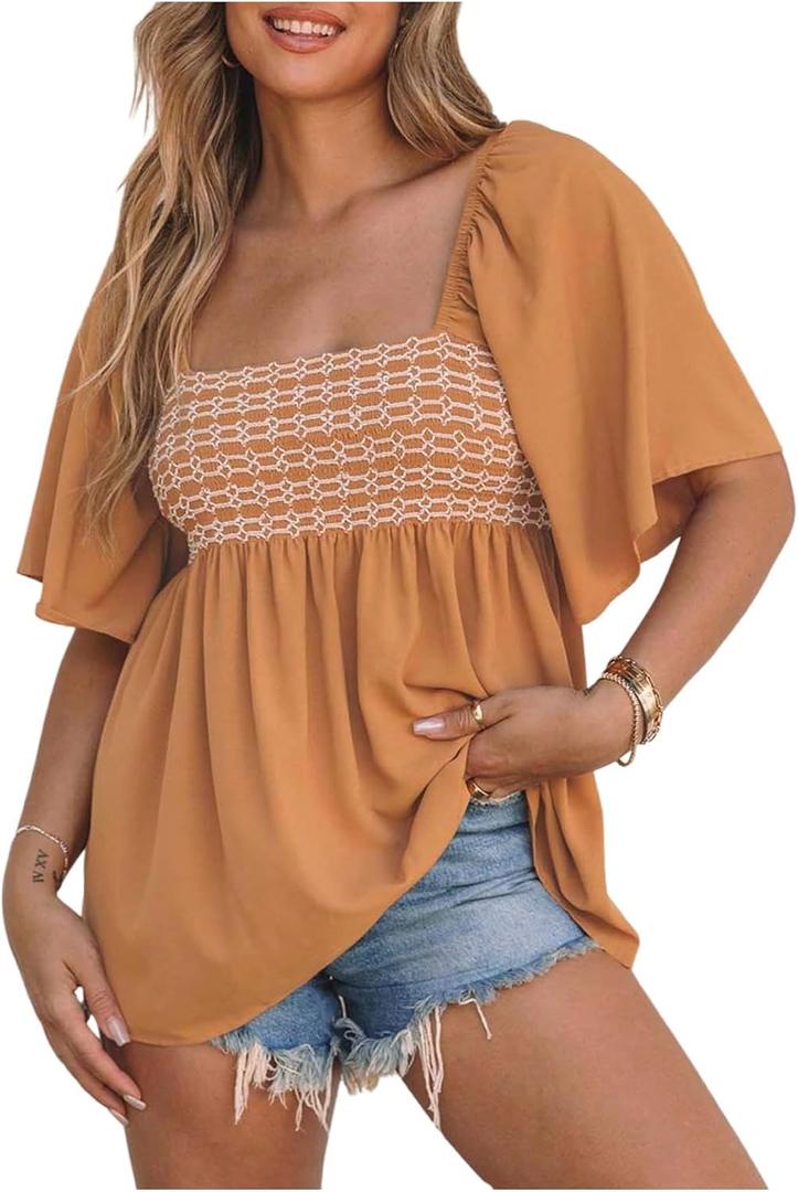 MakeMeChic Women's Shirred Square Neck Babydoll Shirt Tie Backless Half Sleeve Blouse Peplum Top (S)