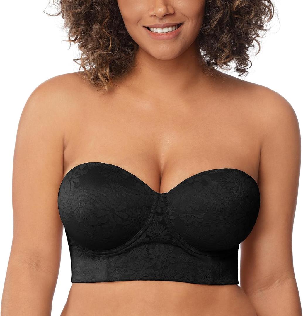 HSIA Strapless Bras for Women, Longline Bandeau for Large Bust Plus Size Supportive Corset Non Slip Convertible Bustier (34DDD, Lace Black)