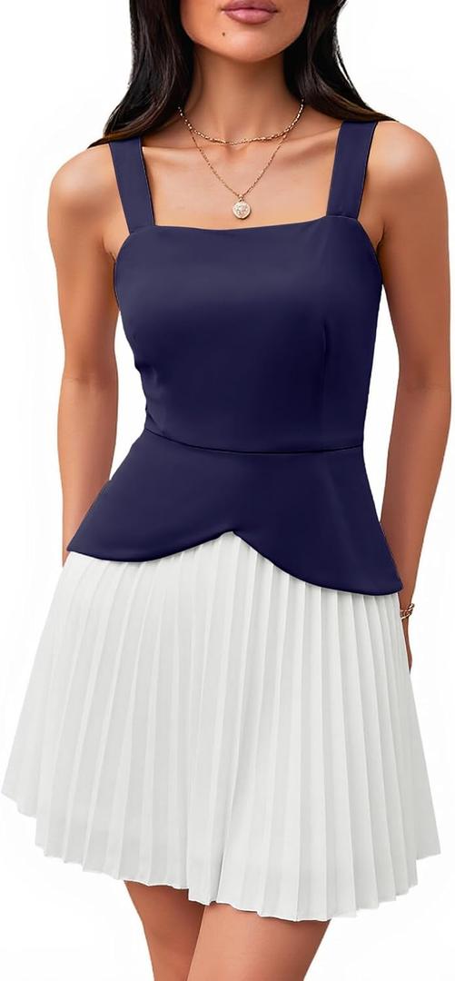 Angashion Women's Square Neck Sleeveless Mini Dress Elegant Pleated A-Line Wedding Guest Cocktail Party Dress