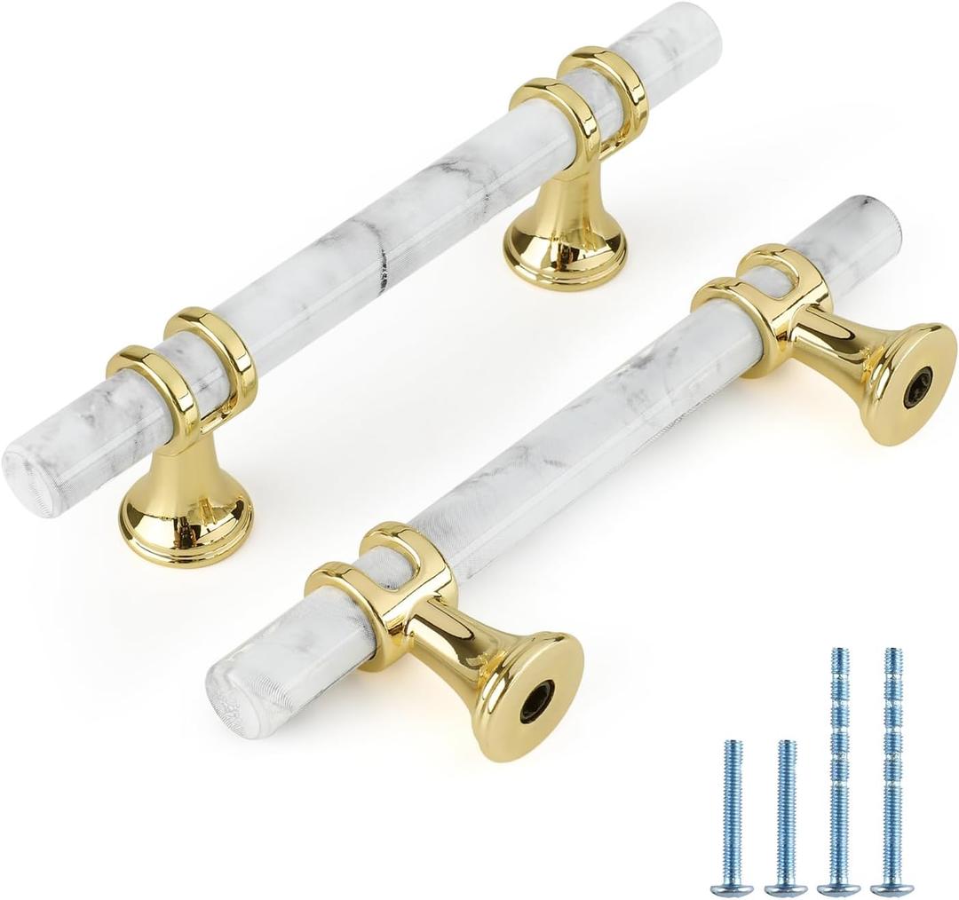 Rergy Cabinet Handles Marble Drawer Pulls and Knobs, 20Pack White Marble & Gold 3inch Hole Center, T-Bar Hardware for Kitchen Dresser Zinc Alloy Furniture