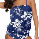 Two Piece Bandeau Tankini Swimsuits for Women Loose Blouson Swim Top with Bikini Bottom Tummy Control Bathing Suits (Blue, L)