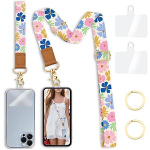 Yonlevres Floral Phone Lanyard Crossbody Strap, Flower Cell Phone Lanyards for around the Neck Cross Body, Wristlet Wrist Strap Adjustable for Women Keys Case Accessories Beach Travel Essentials
