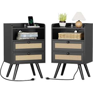 SUPERJARE 2 Drawer Night Stand with Charger Station, Boho Rattan Nightstand Set of 2, 25.2 Inch Tall Bed Side Table with Solid Wood Feet, End Table, Open Storage, Synthetic Rattan, for Bedroom, Black, 11.8"D x 15.8"W x 25.2"H