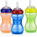 Nuby No-Spill Sippy Cup with Flex Straw - (3-Pack) 10-Ounce Bottles - Sippy Cups for Toddlers 12+ Months - Neutral Color Training Cups for Toddlers (Blue, Green & Yellow)