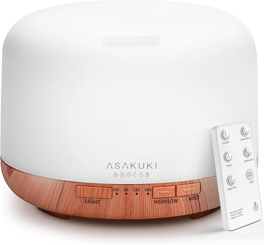 ASAKUKI Essential Oil Diffuser 500ml, Ultrasonic Aromatherapy Humidifier with Remote Control, 7 LED Colors, Timer & Auto-Off, Large Room Diffuser Valentine's Gift (Yellow)