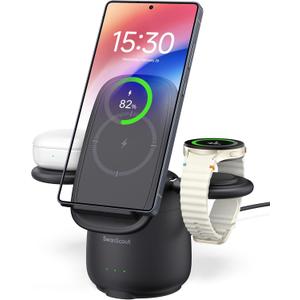 Wireless Charger for Samsung S26+, 3 in 1 Charging Station for Samsung Galaxy S25 Ultra/S25/S24/Z Flip7/Fold7, for Galaxy Watch8/7/Ultra/6/5/4/Buds3 Pro, SwanScout 707S (No Adapter) (Black)