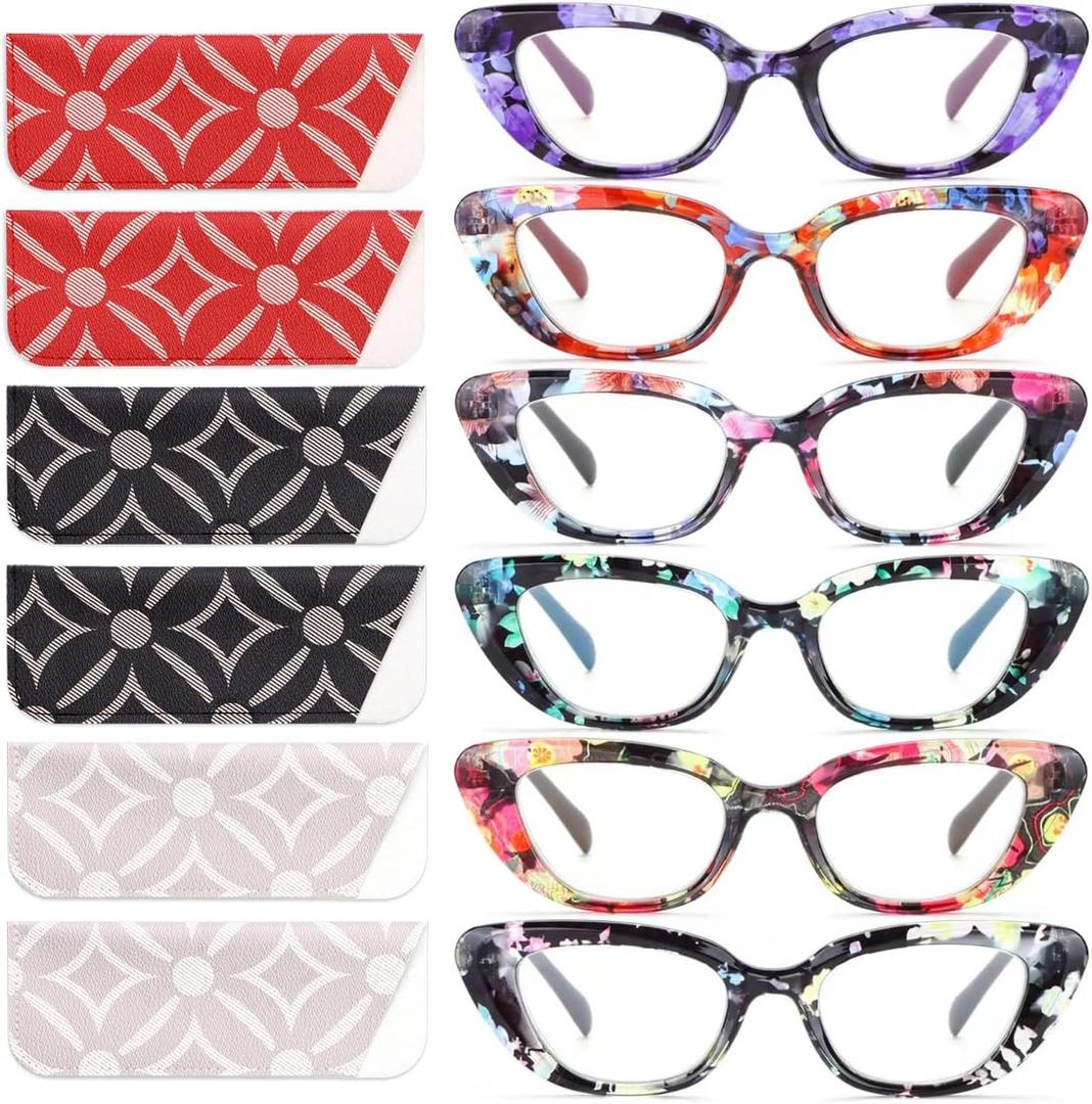 6 Pack Cat Eye Reading Glasses for Women Fashion Cute Blue Light Blocking Computer Readers Spring Hinge