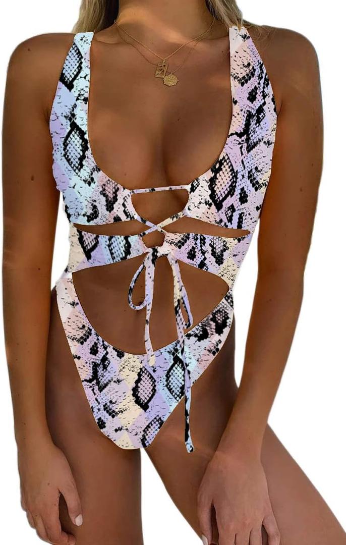 CHYRII Women's Sexy Cutout Lace Up Backless High Cut One Piece Swimsuit Monokini (Large)