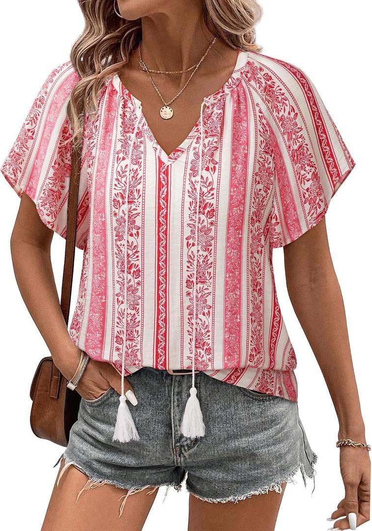 Unixseque Summer Tops for Women Casual Boho Blouses Short Sleeve V Neck Shirts Tie Front 2025 Trendy Beach Vacation Clothes (XL)