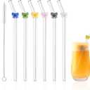 6 Pcs Reusable Glass Straws with 2 Cleaning Brushes, Cute Colorful Bow Glass Straw Shatter Resistant, Bridal Engagement Drinkware Dishwasher Safe for Juices, Smoothies, Milkshakes, Teas