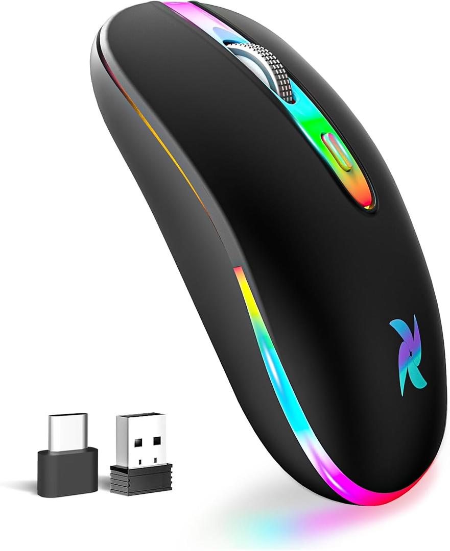 HZD Wireless Mouse, Rechargeable Mouse 2.4G Portable Optical Office Mouse with USB & Type-C Receiver, Slim Silent LED Mouse with 3 Adjustable DPI Levels for Computer, PC, Laptop, Notebook, MacBook