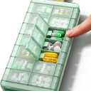 AM PM Weekly Pill Organizer 2 Times a Day, Large Pill Box 7 Day with Easy Push-Button Open, Portable Medicine Case for Vitamins & Supplements Green, 14 compartments