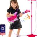 Guitar and Microphone Play Set for Girls, Karaoke Machine with Music&Light, Microphone Toys with Stand, Adjustable Height Guitar Toys for Kids, Toddlers, Child(Red)