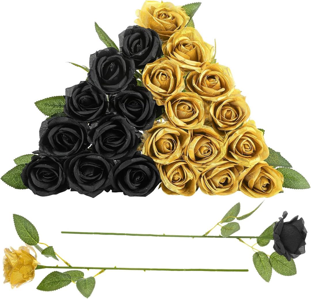 24 Pcs Black,Glod Rose Artificial Flowers with Long Stem Real Touch Silk Roses Bulk for Wedding, Party, Table Centerpieces Bouquet, Bridal, Home Decor