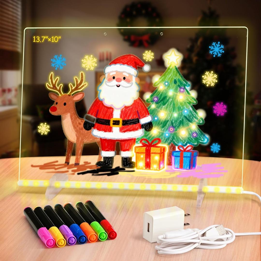 Led Dry Erase Board with Stand for Kids, Led Note Board with Colors Light Up Drawing Board 13.7"X10" Acrylic Message Board Dry Erase Led Notepad Illuminated Board with 7 Color Markers for Gifts Toys