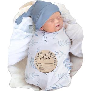 Ylsteed Baby Swaddle Blanket and Headband Set, Newborn Receiving Blanket Swaddle Wrap for Girls and Boys, Swaddling Blankets Neutral for Newborn Soft and Skin-Friendly 32 * 32 inches (Blue Leaves)