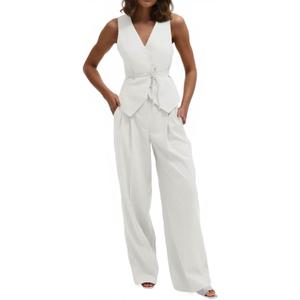 Cicy Bell Womens 2 Piece Outfits V Neck Tie Waist Blazer Vest and Wide Leg Business Casual Suit Pants Sets (Small, White)