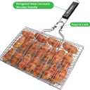 Fish Grilling Basket, Folding Portable Stainless Steel BBQ Grill Basket for Fish Vegetables Shrimp with Removable Handle, Come with Basting Brush and Storage Bag