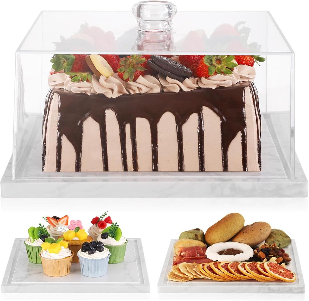 Square Cake Stand with Lid11in Marble Cake Stand with DomeStone Dessert Display Stand with Acrylic Cover for CupcakesCheeseChips & DipsServing Platter with Cover for Kitchen/Party/Wedding