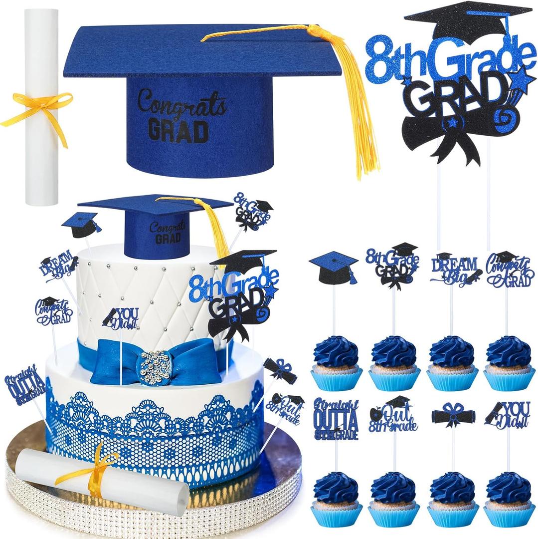 27 Pcs 8th Grade Graduation Cake Kit Included Felt Graduation Cap with Tassel Glitter Cupcake Toppers Diploma Decorations for Eighth Grade School Graduate Party Supplies(Blue)
