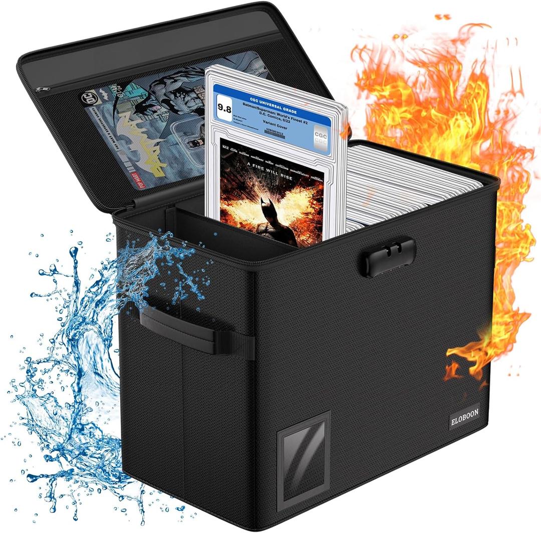 ELOBOON Graded Comic Book Storage for 30 Comics, Fireproof & Water-Resistant & Moisture Proof Stackable CGC Comic Book Box with Label Window and Lock, Comic Book Case with Internal Triple Dividers (1-Pack CGC, Black)