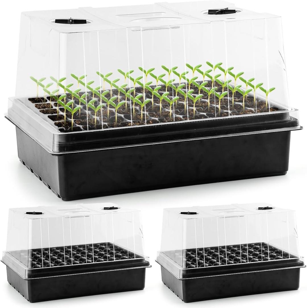 Heavy Duty Seed Starter Trays with 5'' Tall Humidity Domes & 2.75'' Deep Cells 3-Pack (162 Cells Total) Reusable Plant Germination Kit, Durable Plastic Seedling Trays for Herbs, Vegetables