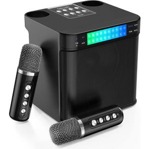 Karaoke Machine for Adults and Kids, FULLIFE Portable Bluetooth PA Speaker System with 2 UHF Wireless Microphones, Karaoke Speaker with Echo, Supports TF/USB, AUX in, for Home Party, Black