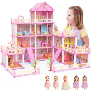 Dolls House for Girls, DIY Blue Dollshouses Toy Dollhouse Rooms Playset with Dolls Figure, Puppies,and Furniture & Accessories, Toy Playhouse Gifts for Kids 3 4 5 6 7 8 9+ Year Old