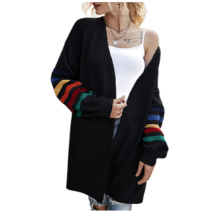 Fall Winter Women’s Long Sleeves Knit Sweater Cardigan Striped Deco Casual Loose Tops Stitching Oversized Jumper Jacket Top, Size L
