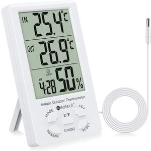 Neoteck 3 in 1 Thermometer Hygrometer with Clock Large LCD Display, Digital Humidity Temperature Meter 1.5m Sensor Wire for Indoor Outdoor Use (4.9ft)
