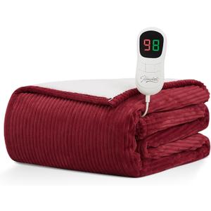 Homemate Heated Blanket Electric Throw - 50"x60" Heating Blanket Throw 1/2/4/6/8 Hours Auto-Off 10 Heat Levels Over-Heat Protection Soft Flannel Sherpa ETL Certification (Red (Striped))