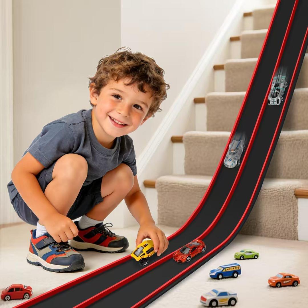 Flexible Race Track Toys for Kids, 15 Ft Flex Tracks Starter Set with Strong Suction Cups - Compatible with Hot Wheels and Diecast 1/64th Cars, Rolls up Portable Race Car Ramp Track (Red Black)