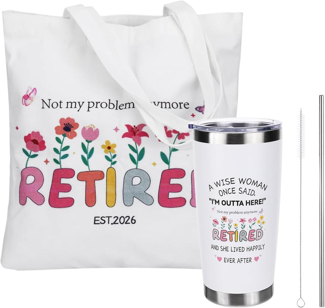 Retirement Gift for Woman, Funny Retiring Double-Sided 20oz Insulated Tumbler with Tote Canvas Bag with Humorous Happy Retired Quotes, Retirement Gifts for Teacher Mom Nurse Doctor Coworker Boss Lady