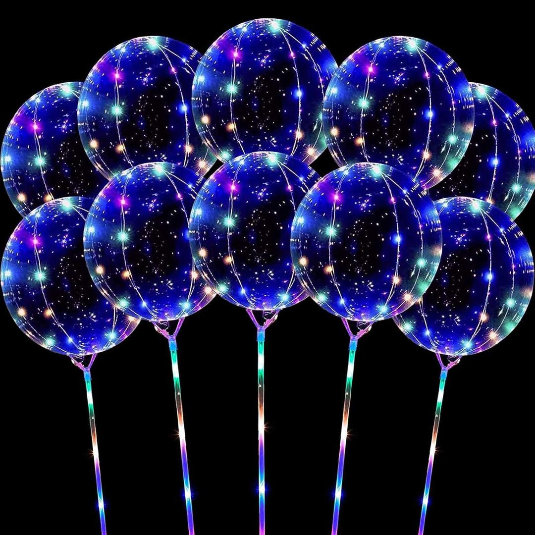 Hokoad 10 Pack LED Balloons with Sticks, 15Pcs 20 Inch Clear Bobo Balloons Light Up Helium Glow Bubble Balloon Lights for Party Supplies Valentines Decor (Colorful)