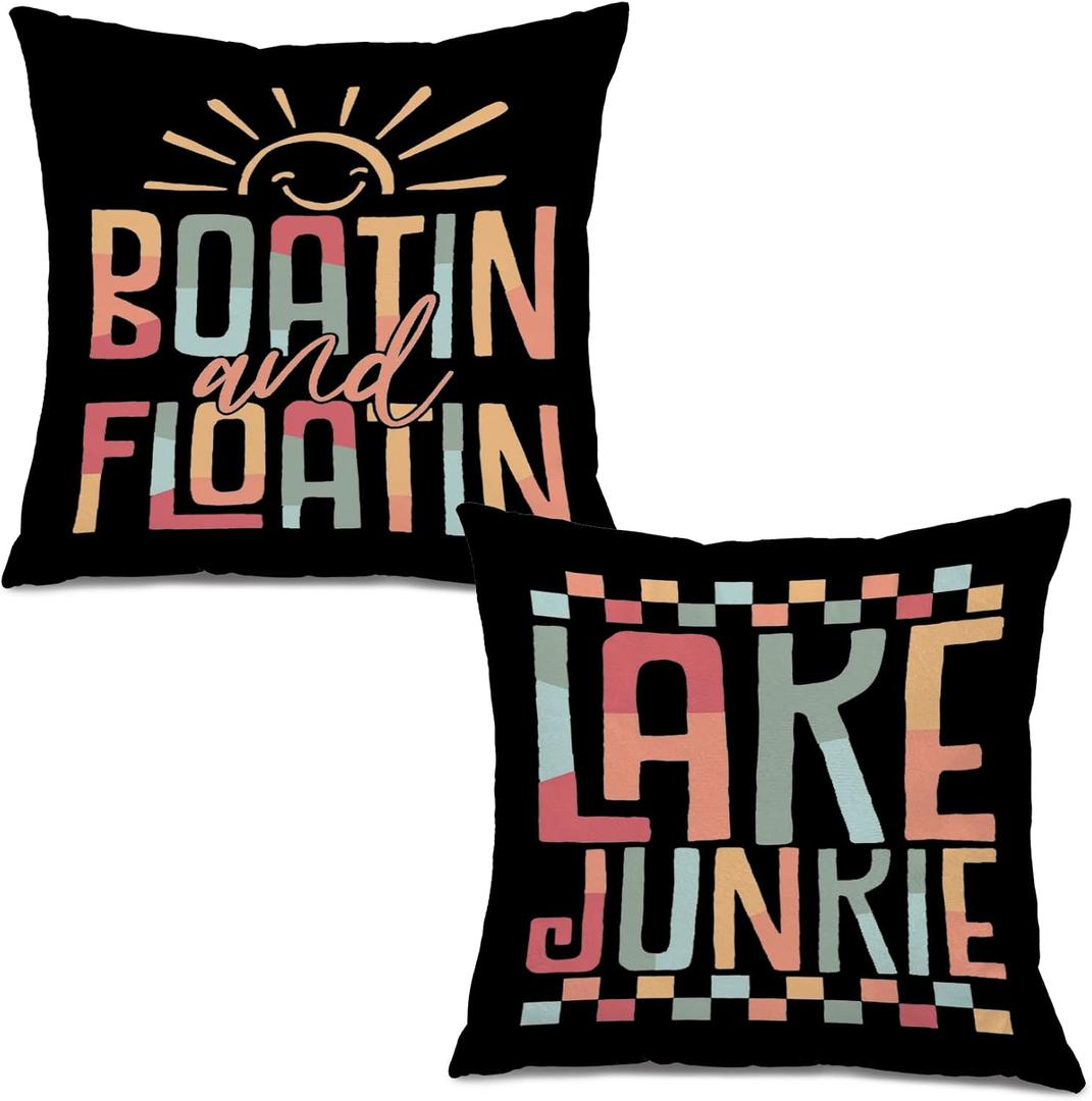 Retro Lake Pillow Covers 18x18 Set of 2, Lake House Decor for Home, Boatin' and Floatin' Nautical Decorative Throw Pillow Covers for Home Cabin, Gifts for Lakes Lovers Women
