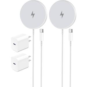 Magnetic Wireless Charger for Apple iPhone 17/16/15/14/13/12/11/AirPods, 2-Pack Fast Charging Long Cable 10ft Magnet Pad & 2-Pack Type-c Charger Block, White