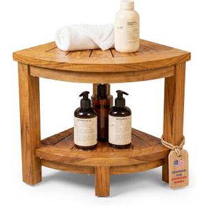 HOMESTEAD Teak Shower Stool with 2 Tier Storage Shelf, Compact Corner Shower Bench for Inside Shower, Bathroom Seat with Soap Holder, Shower Foot Rest and Shower Stool for Shaving Legs