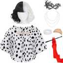 8pcs Halloween Costumes Women for Cruella Deville Costume Cosplay - Black and White Wig Dalmation Shawl 1920s Holder Red Gloves Necklace Bracelet Eye Mask Wig Cap CA038