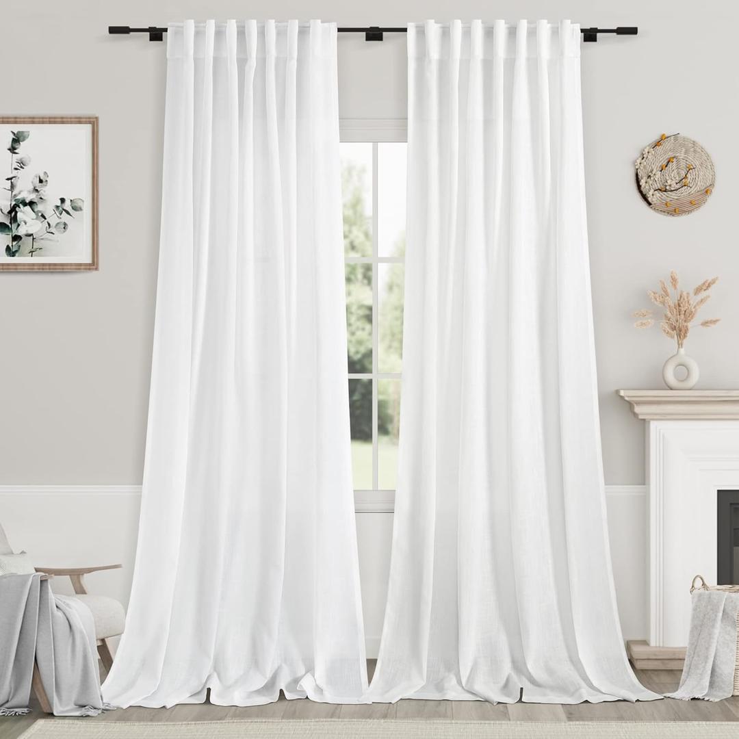 Extra Long White Curtain 108 inches Long 2 Panels Set for Living Room Back Tab Modern Farmhouse Decor Cotton Textured Off White Sheer Linen Curtains 108 inch Length for Large Window 9 FT Tall