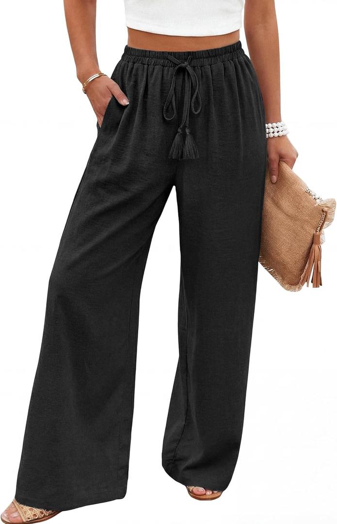LOOKBOHO Women's Wide Leg Pants High Waisted Drawstring Loose Palazzo Pant Trendy Casual Flowy Beach Trousers with Pockets (Black, L)